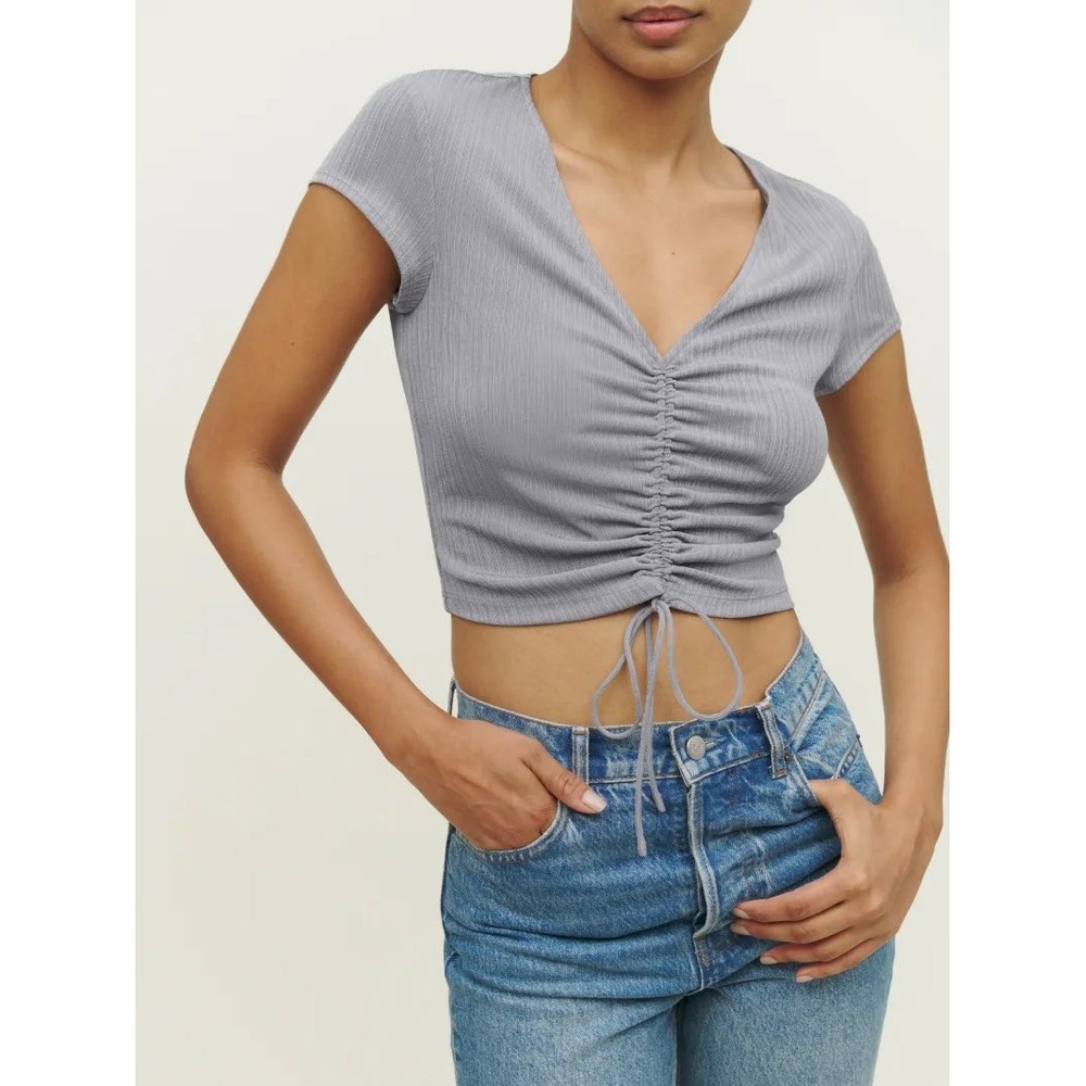 Reformation Mariam Knit Grey Ribbed Ruched Front V-Neck Cropped‎ Top Size M